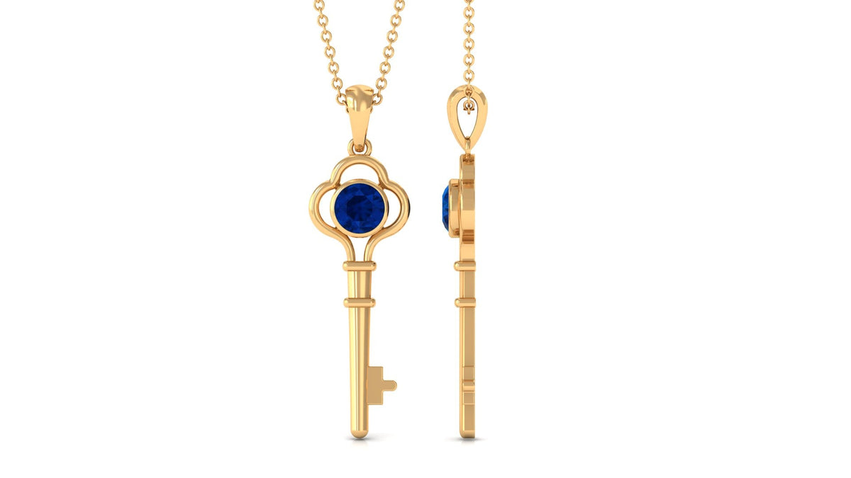 Natural 1 Carat Blue Sapphire Key Pendant Necklace for Women