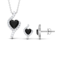 Real Black Onyx Heart Pendant Necklace and Earrings Set with Diamond