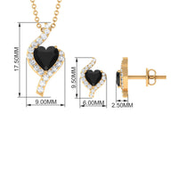 Real Black Onyx Heart Pendant Necklace and Earrings Set with Diamond