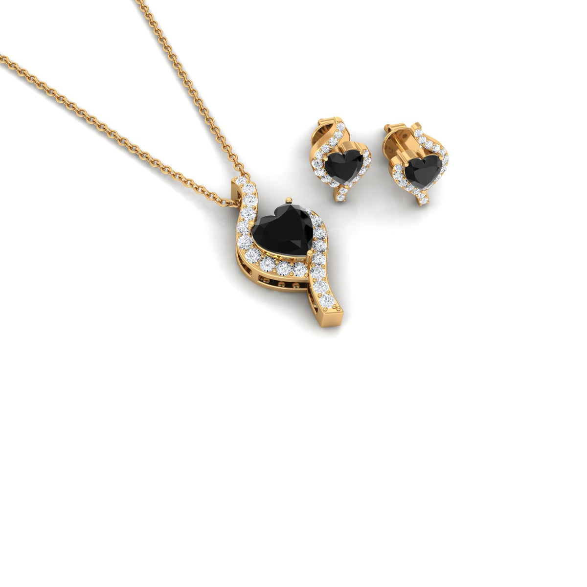 Real Black Onyx Heart Pendant Necklace and Earrings Set with Diamond