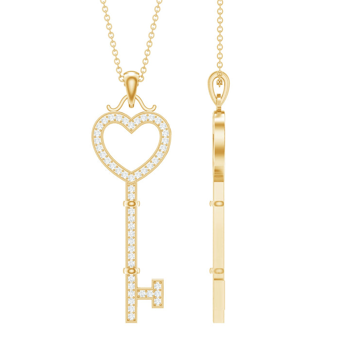 Open heart key pendant with zircon stones by Rosec Jewels, featuring a delicate silver key and sparkling gemstone accents.
