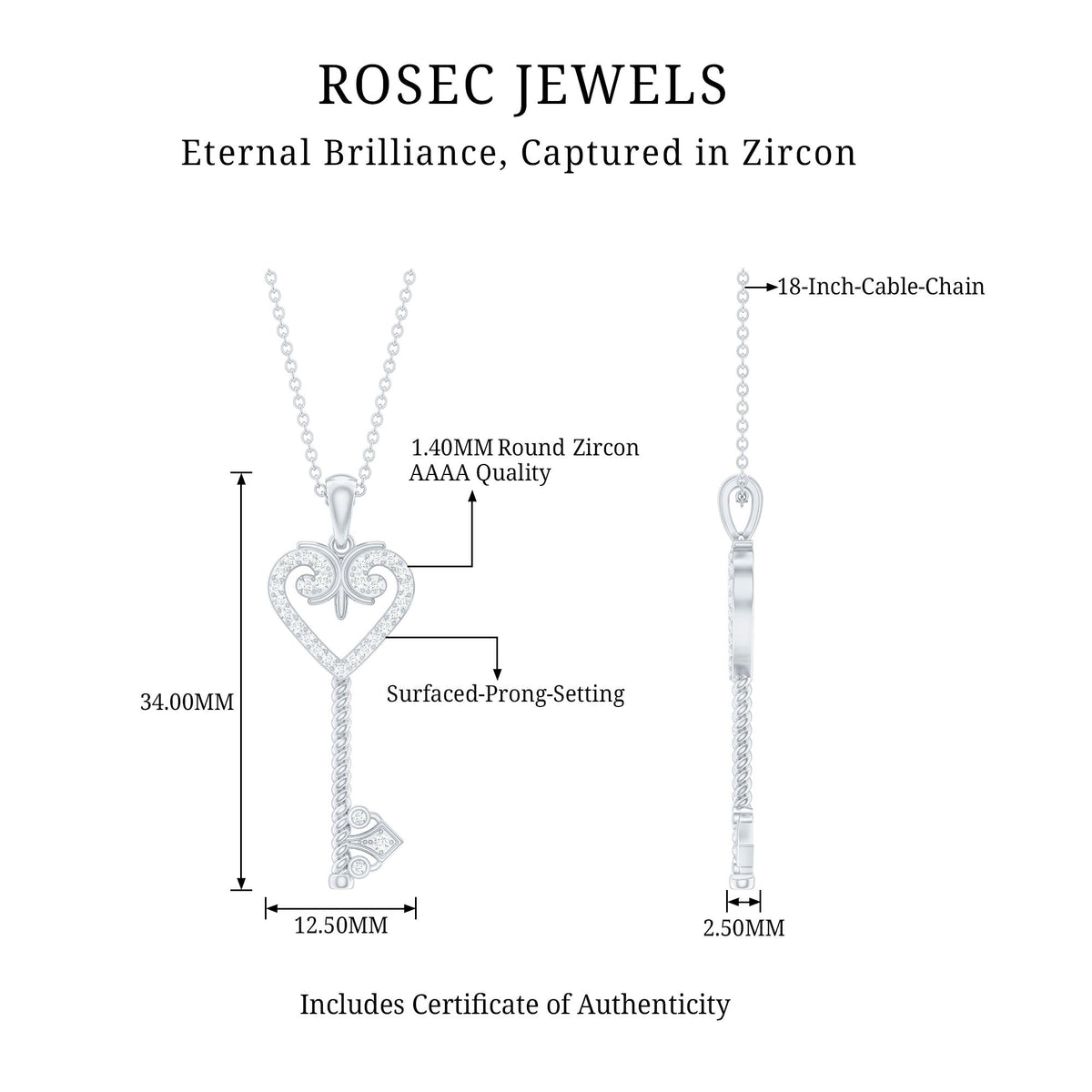 Cubic Zirconia Vintage Inspired Heart Key Pendant Necklace