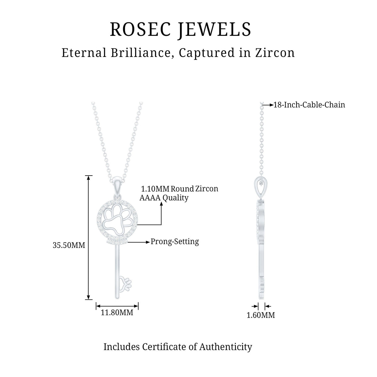 Certified Cubic Zirconia Key Pendant Necklace with Paw Motif