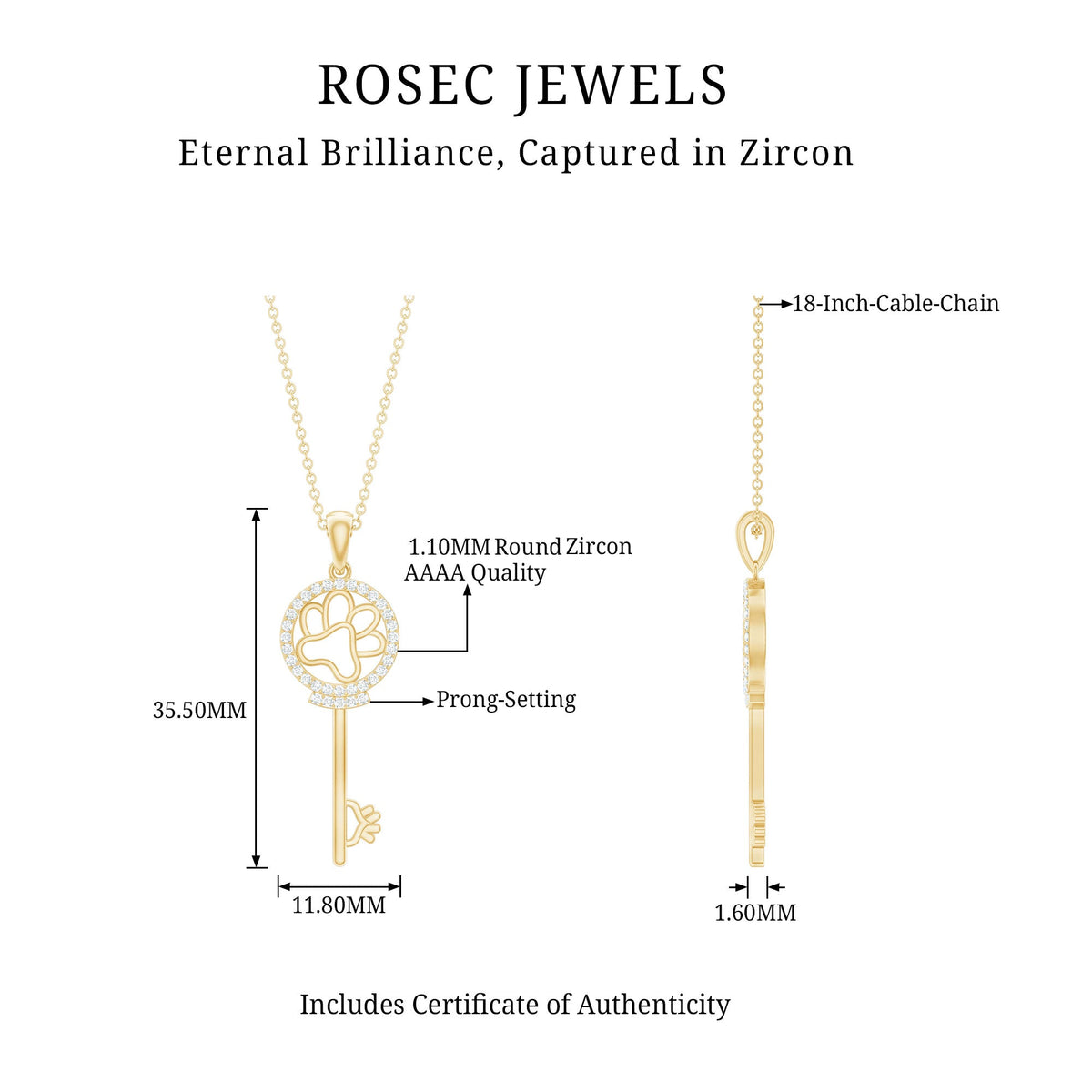 Certified Cubic Zirconia Key Pendant Necklace with Paw Motif