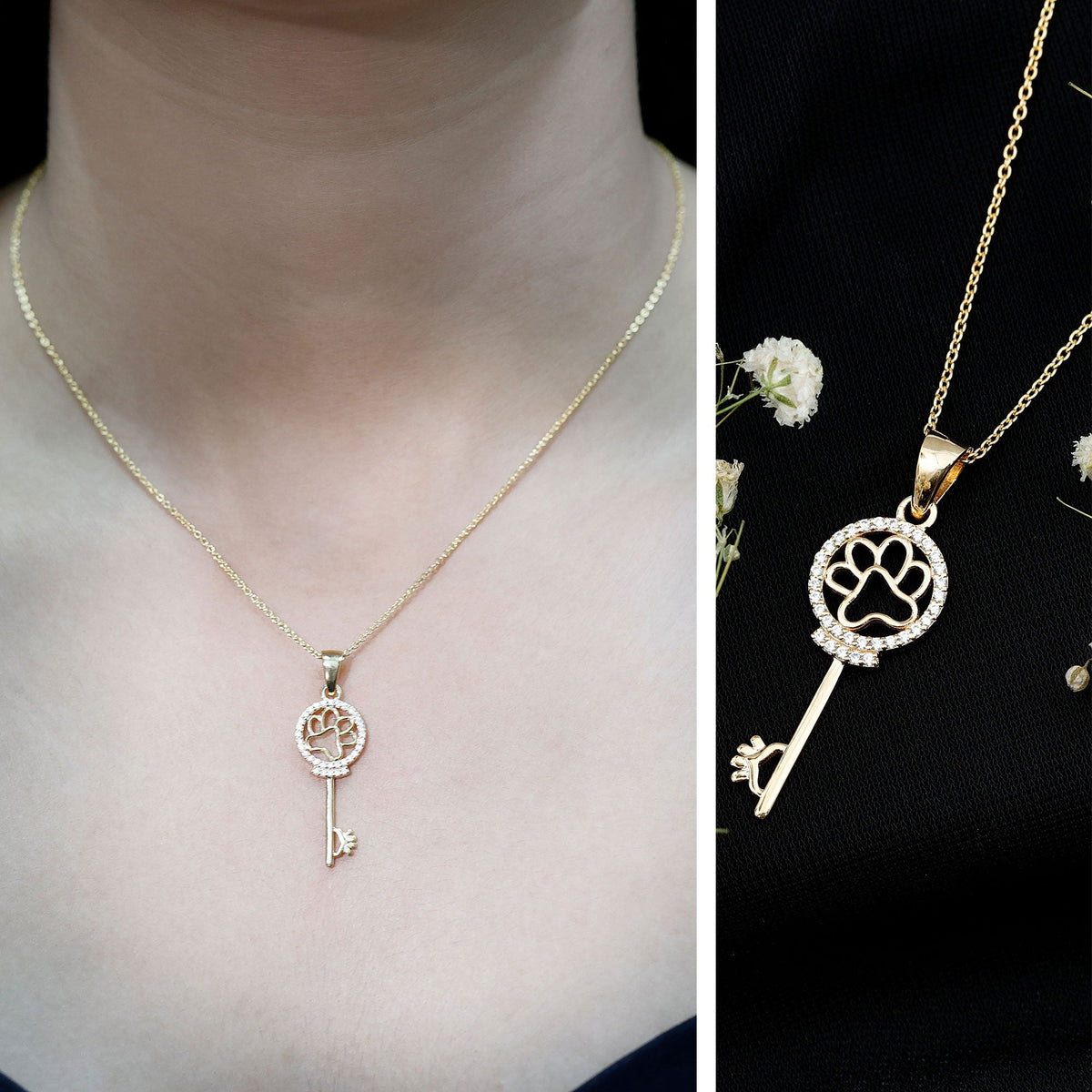Certified Cubic Zirconia Key Pendant Necklace with Paw Motif