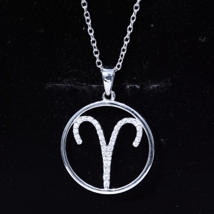 Yellow Moissanite Aries zodiac pendant necklace by Rosec Jewels featuring a detailed Aries sign pendant with sparkling stones.