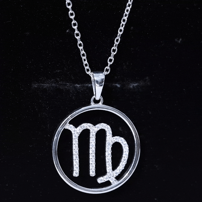 Yellow moissanite Virgo zodiac pendant necklace from Rosec Jewels featuring a sparkling Virgo sign pendant.