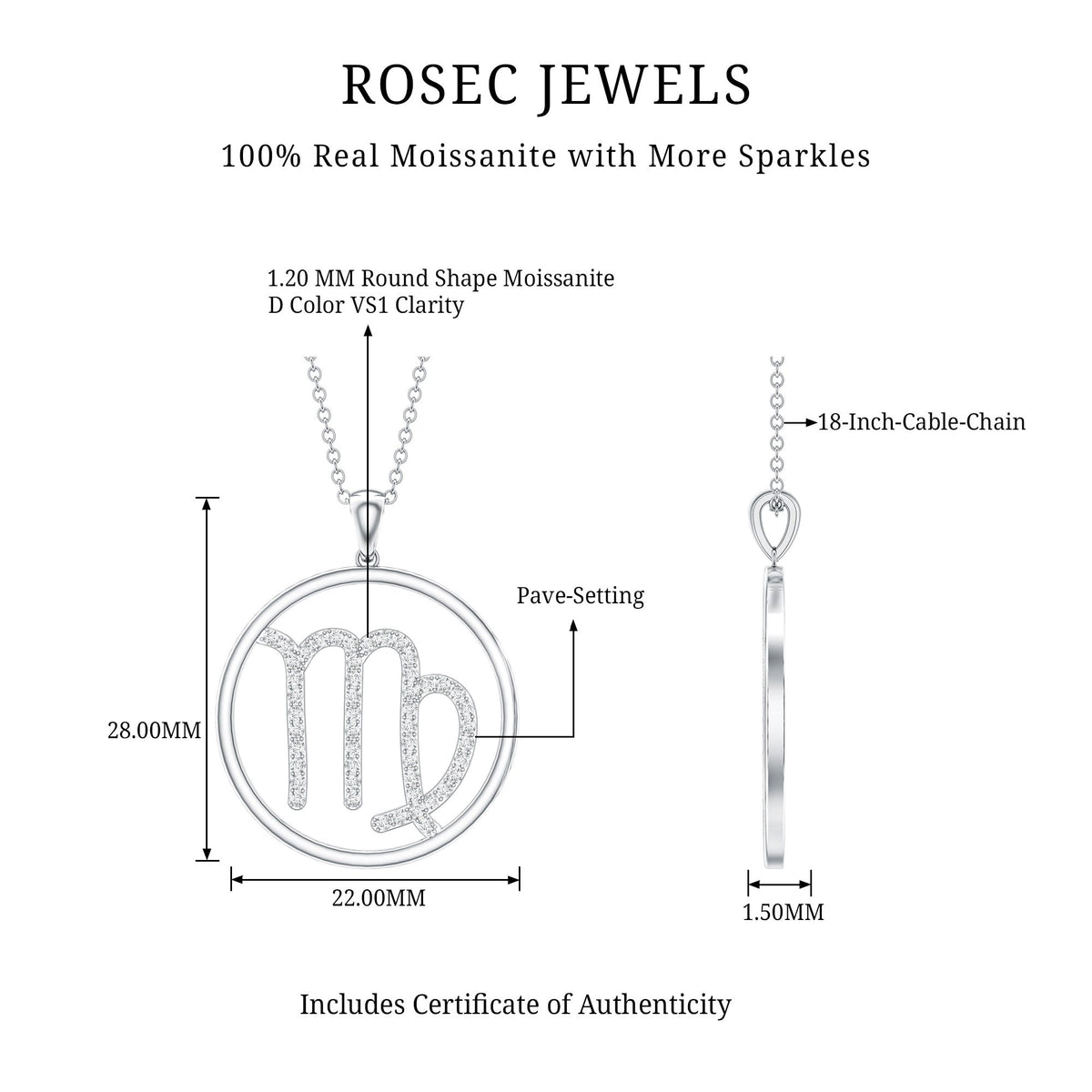 Certified Moissanite Virgo Zodiac Sign Pendant Necklace