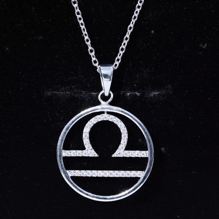 Yellow gold Libra zodiac sign pendant necklace featuring a certified Moissanite gemstone, from Rosec Jewels.