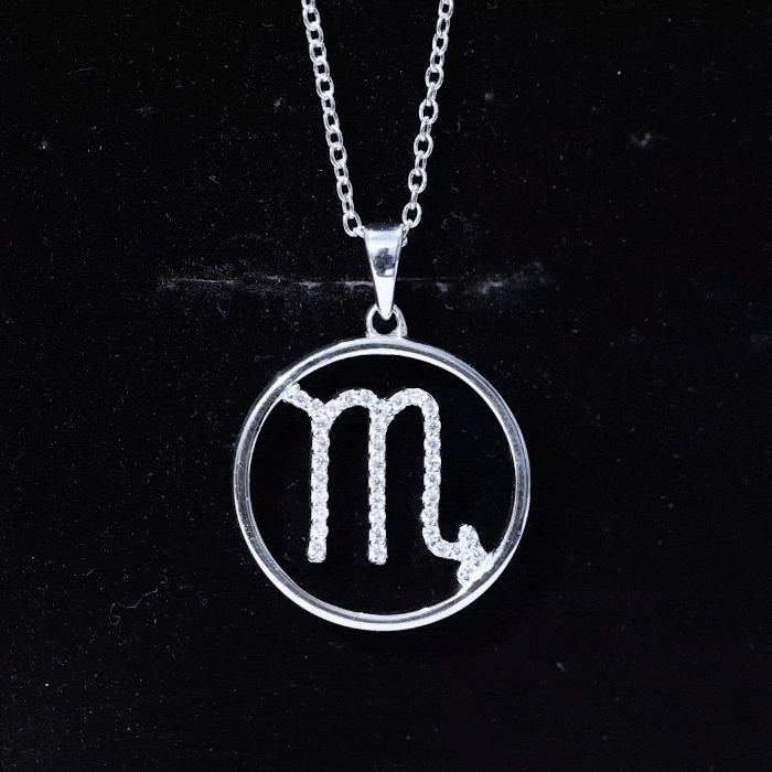 Yellow moissanite Scorpio zodiac pendant necklace by Rosec Jewels, featuring a detailed pendant with zodiac symbol and sparkling gemstone.