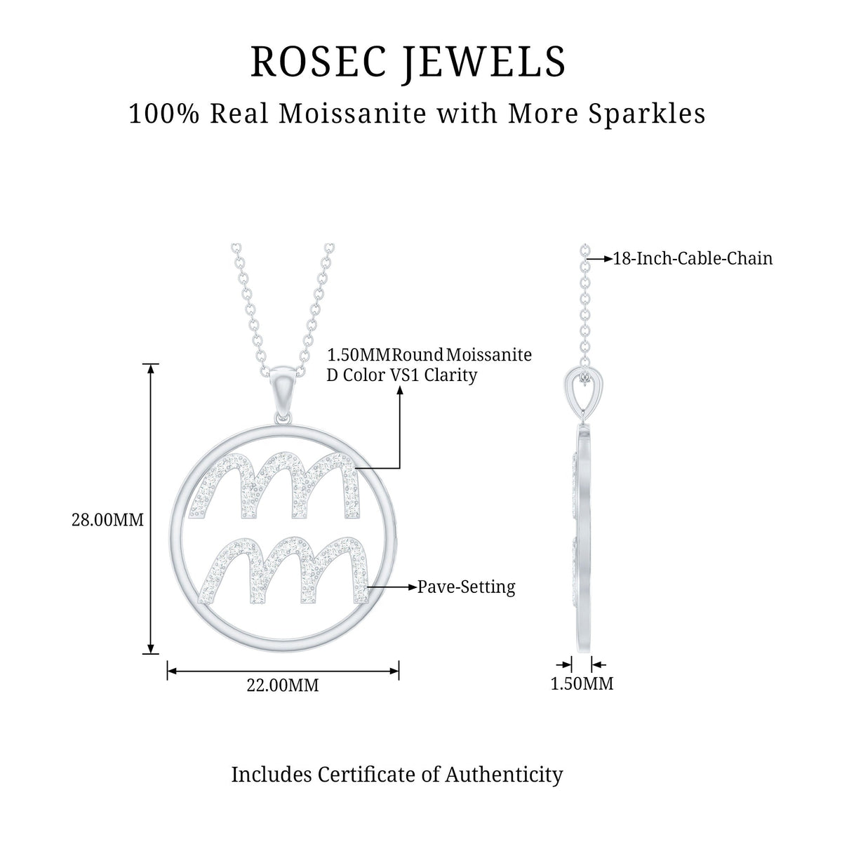 Certified Moissanite Zodiac Aquarius Pendant Necklace