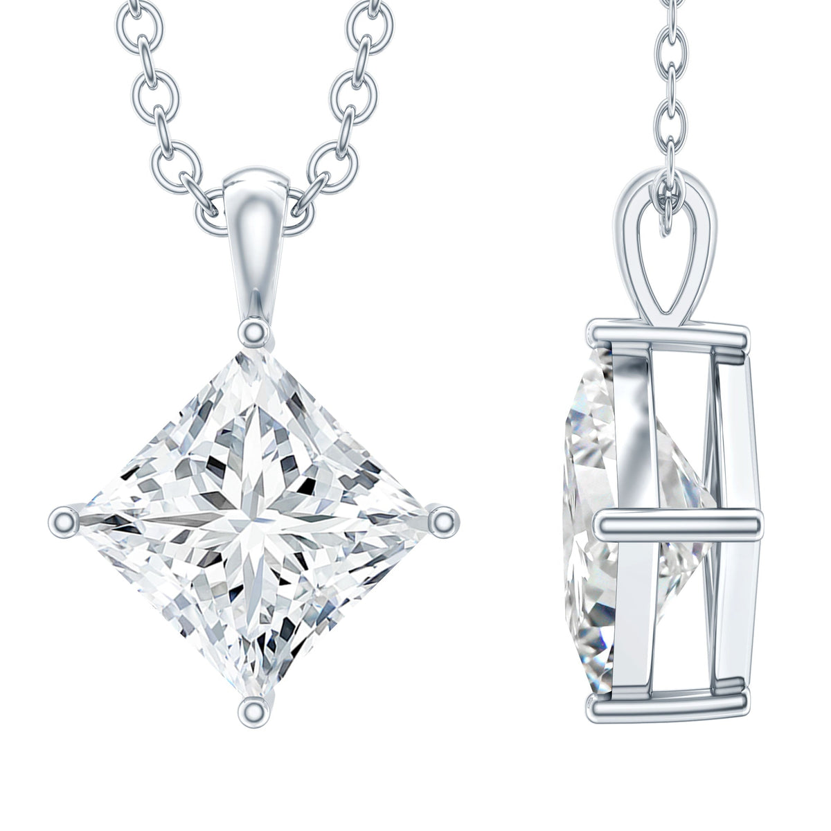Diagonal set of three 3-carat cubic zirconia princess cut pendants with chain by Rosec Jewels, showcasing sparkling jewelry design