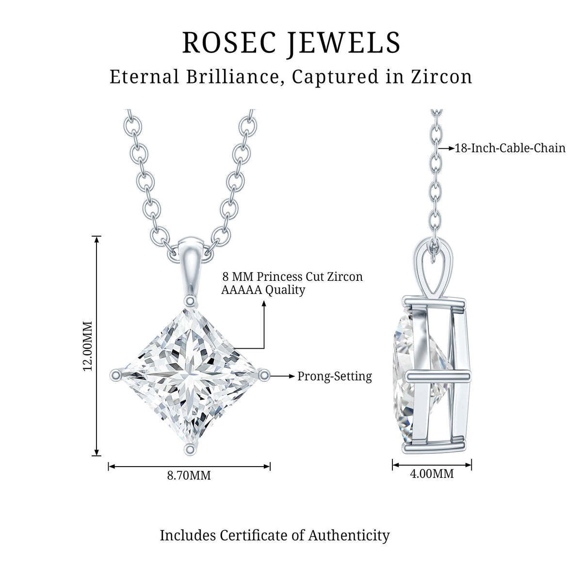 Diagonal set of three carat cubic zirconia princess cut pendants with chain by Rosec Jewels, featuring sparkling gemstone designs.