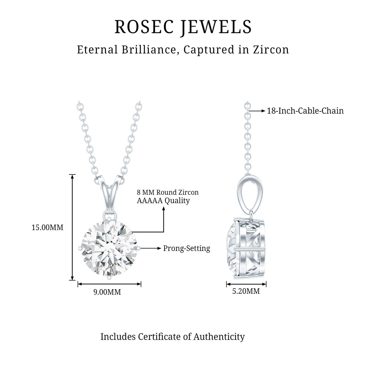 2 Carat Round Cubic Zirconia Solitaire Pendant Necklace