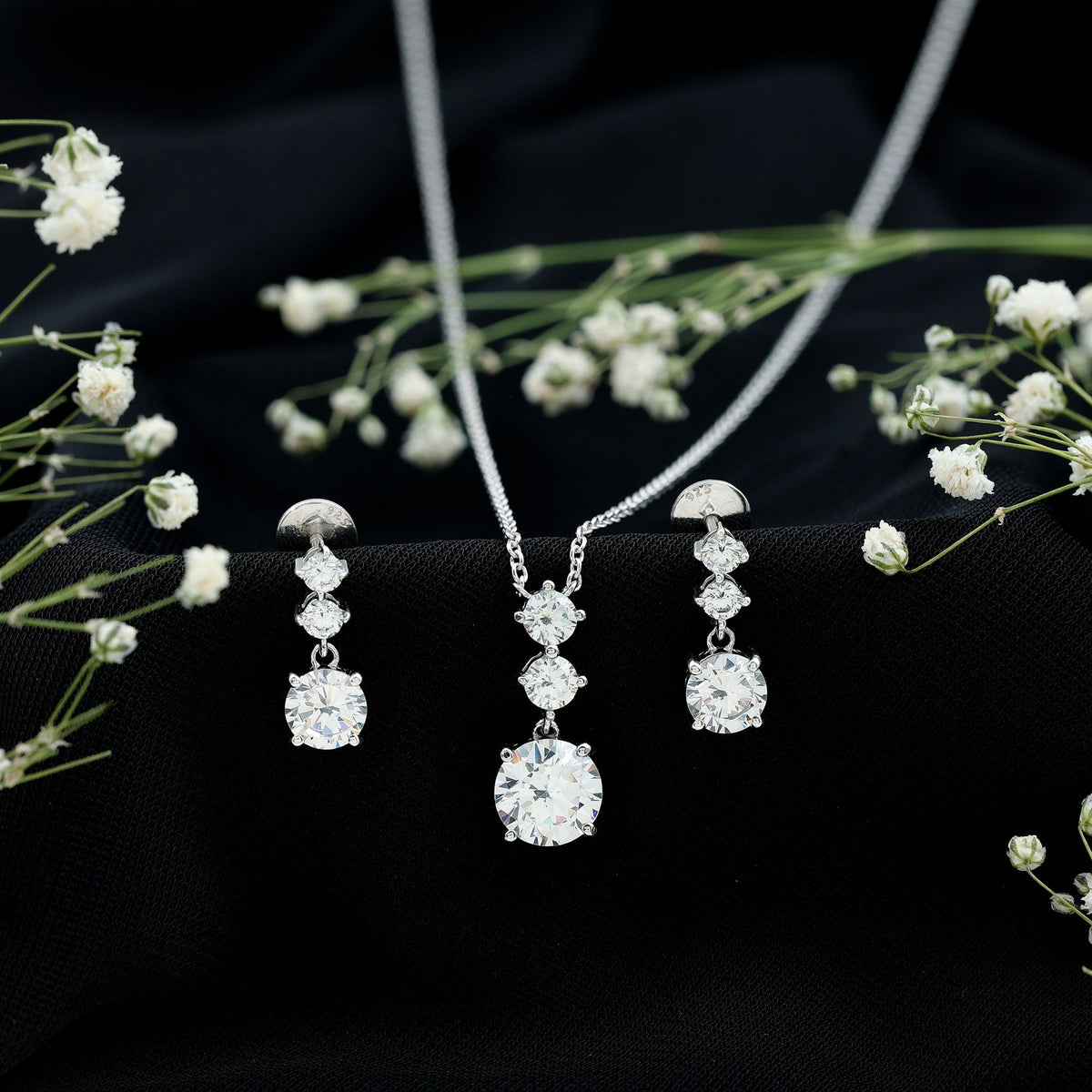Certified Cubic Zirconia Bridal Necklace and Earrings Set in Silver