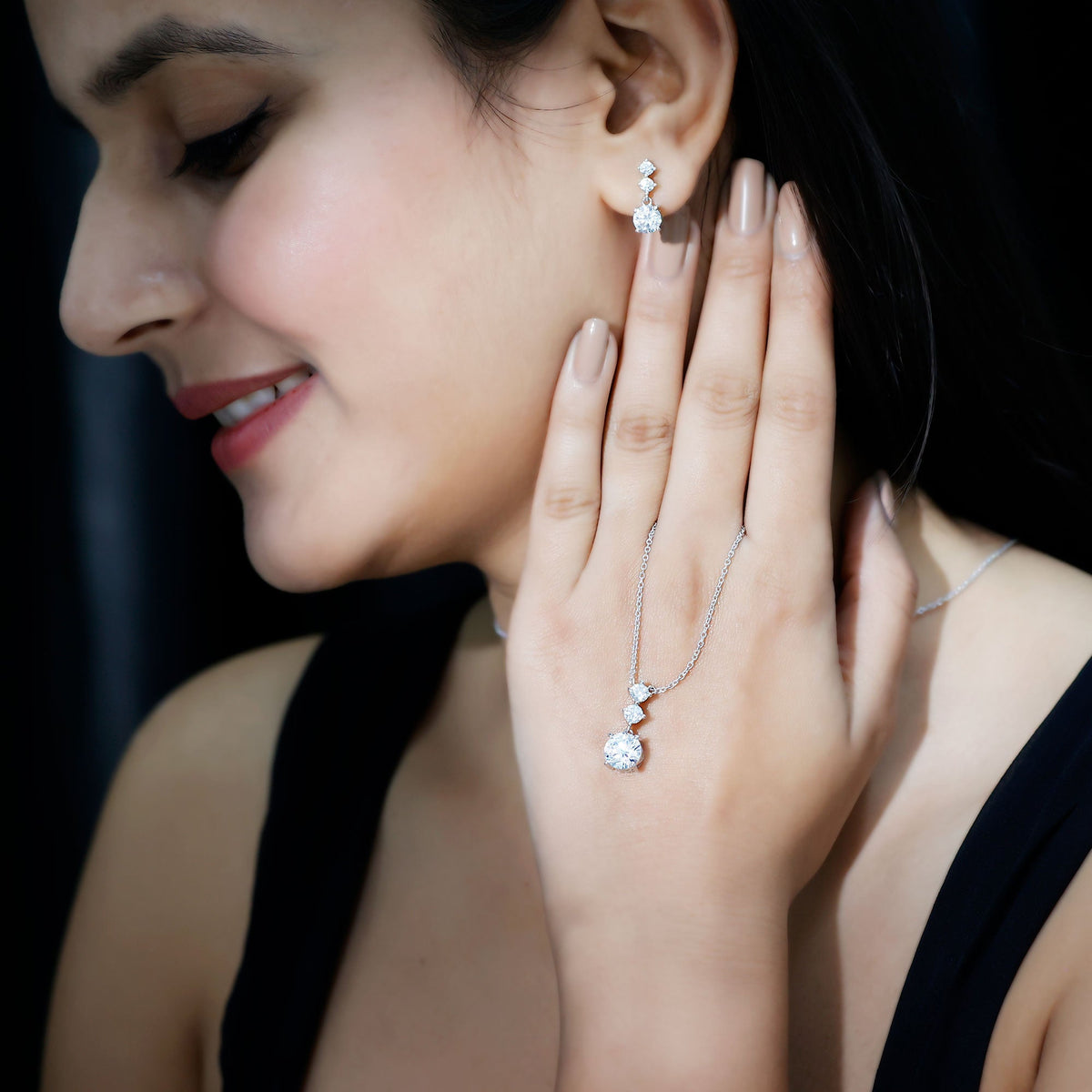 Certified Cubic Zirconia Bridal Necklace and Earrings Set in Silver