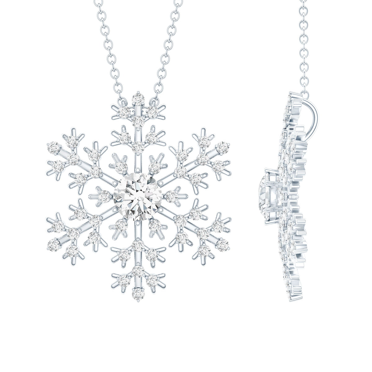 Silver chain necklace with cubic zirconia snowflake pendant from Rosec Jewels, showcasing sparkling gemstone detail.