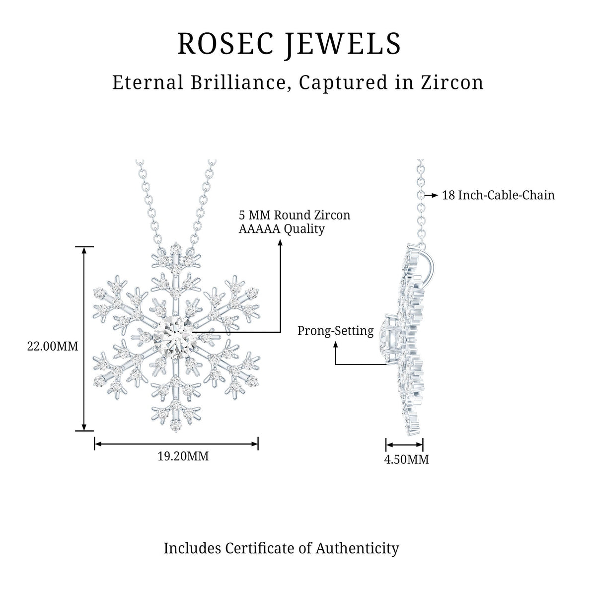 Silver chain necklace with a cubic zirconia snowflake pendant from Rosec Jewels, showcasing a sparkling winter-inspired design.