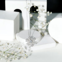 Silver chain pendant featuring a cubic zirconia snowflake design from Rosec Jewels, showcasing intricate sparkle and winter-inspired elegance.