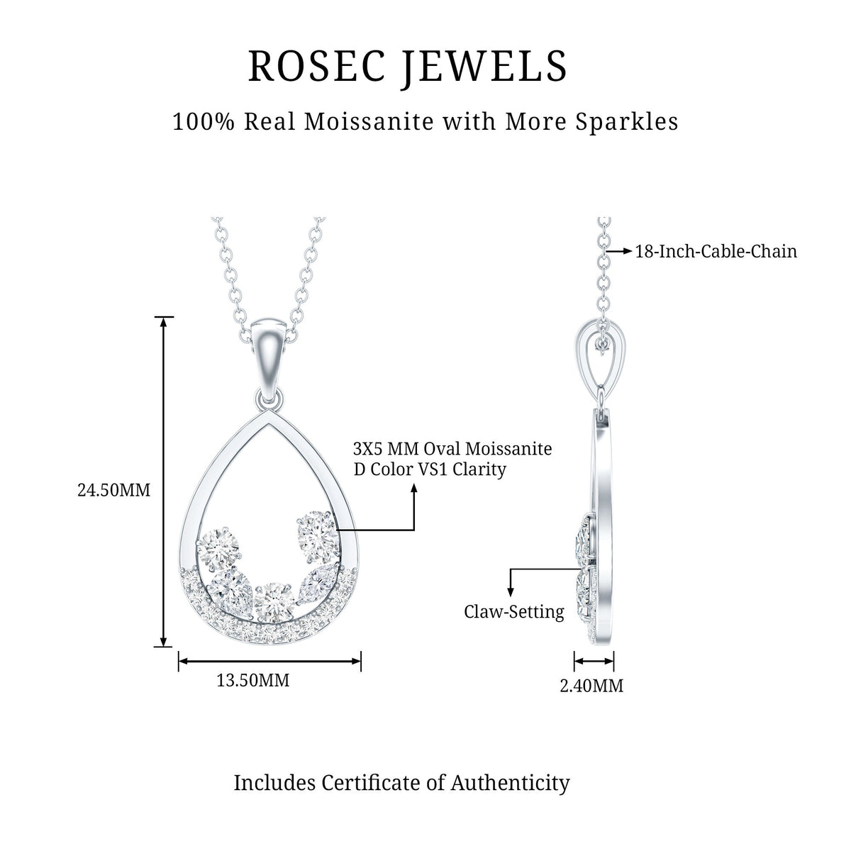 1 Carat Designer Moissanite Teardrop Pendant Necklace in Silver