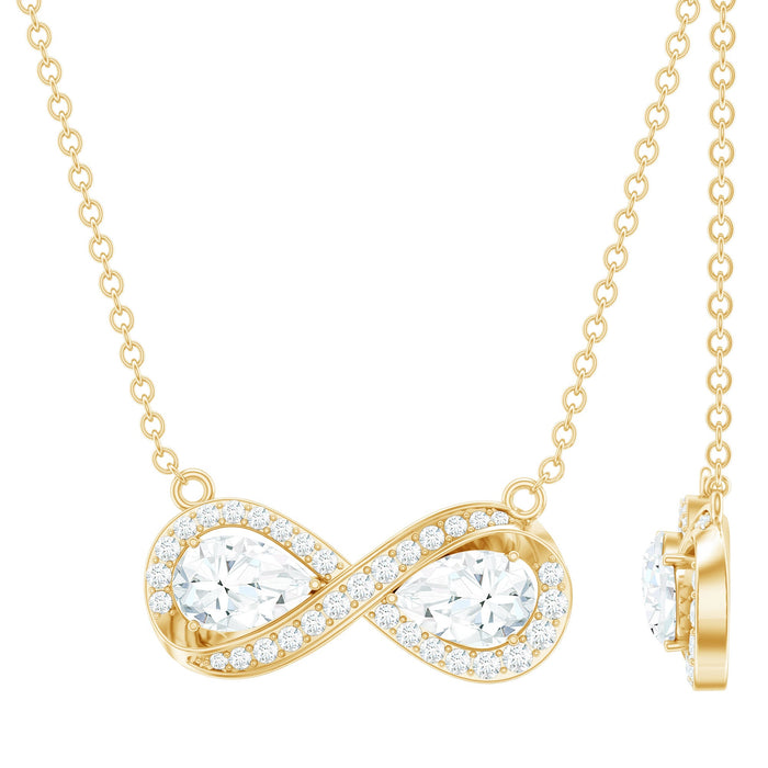 Pear-shaped moissanite infinity pendant for women by Rosec Jewels, showcasing a sparkling certified gemstone on a delicate chain.