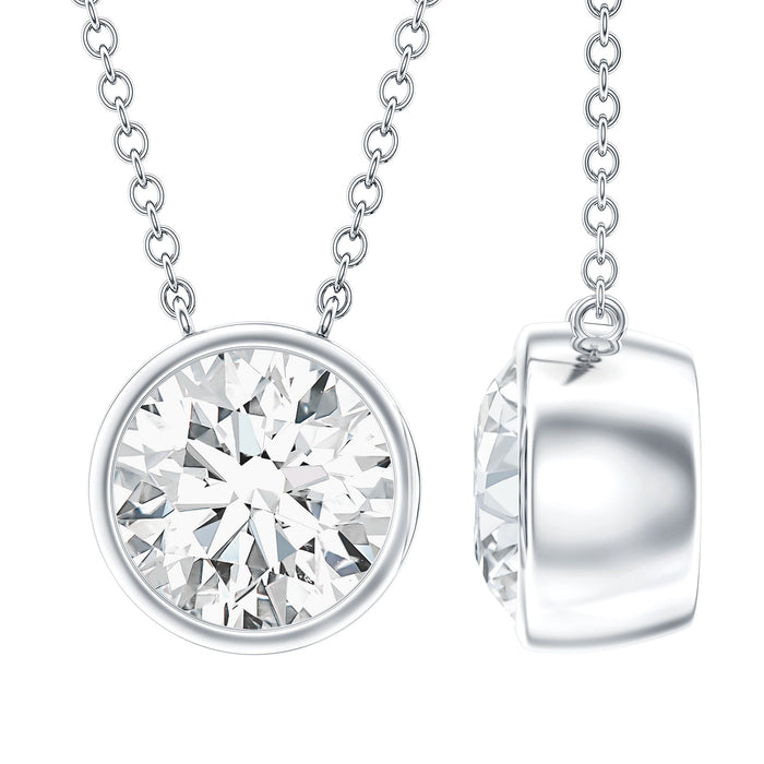 Bezel set cubic zirconia solitaire pendant on silver chain, elegant jewelry piece by Rosec Jewels.