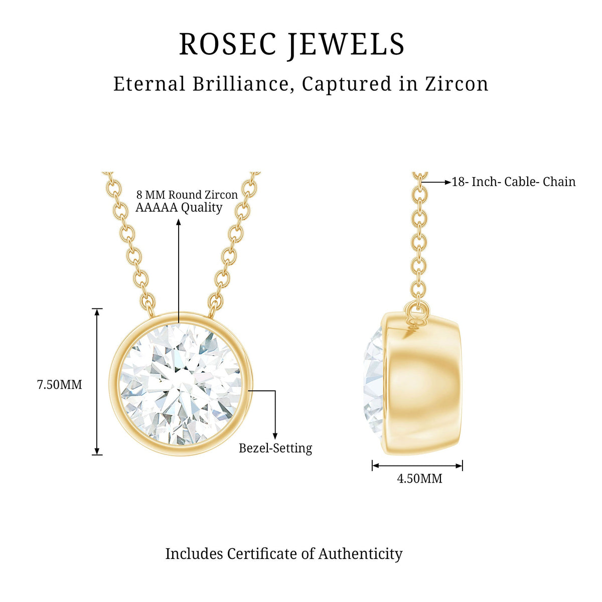 Round Cut 2 Carat Cubic Zirconia Solitaire Necklace
