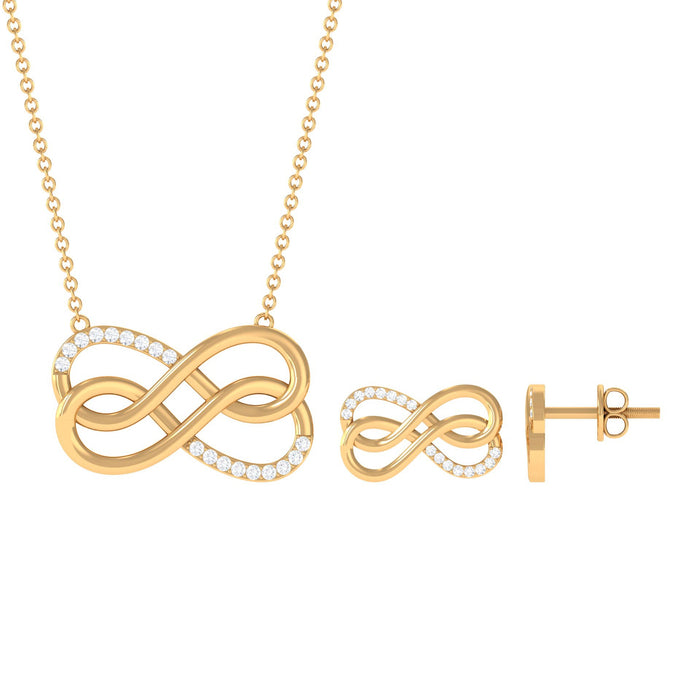 Rosec Jewels Moissanite twin infinity interlock jewelry set featuring sparkling interconnected infinity symbols.