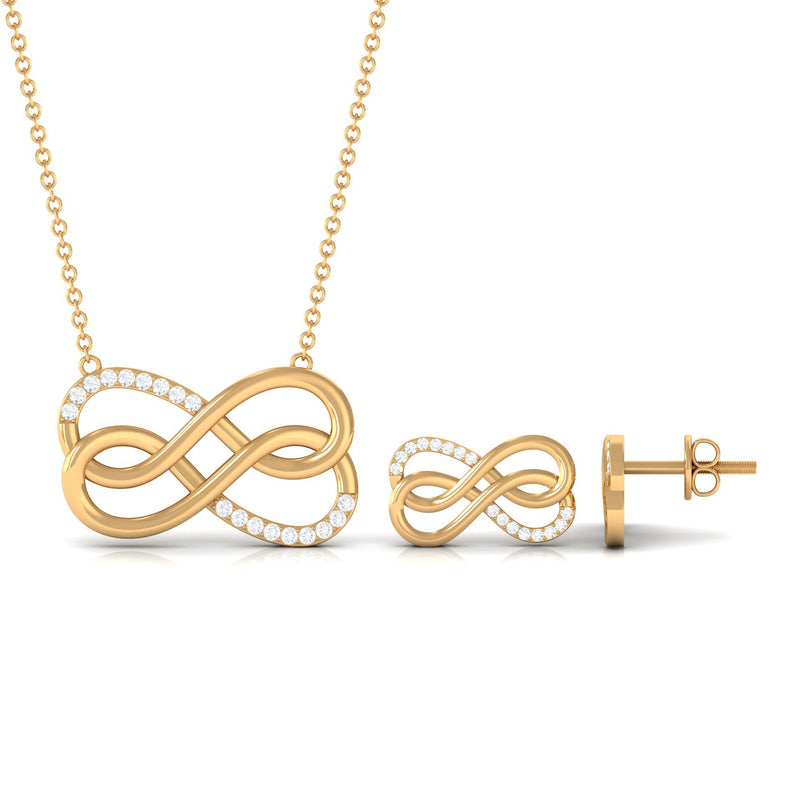 Rosec Jewels moissanite twin infinity interlock jewelry set featuring sparkling silver-toned necklaces and matching earrings.