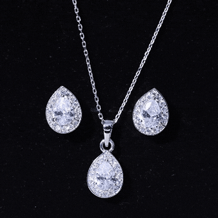 Rosec Jewels certified CZ diamond teardrop necklace and earrings jewelry set for women, featuring elegant white gemstone designs