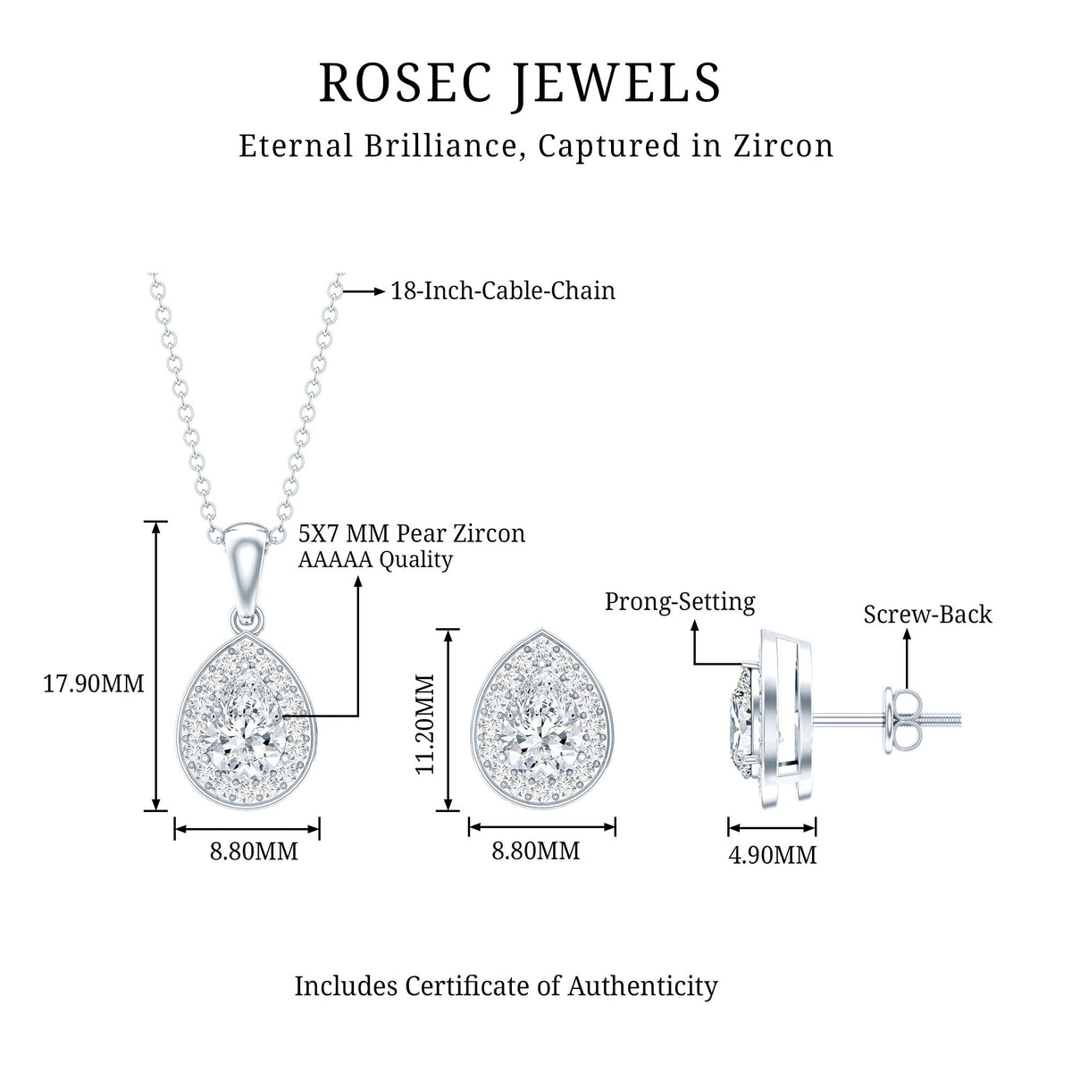 Certified CZ Diamond Teardrop Necklace and Earrings Set for Women