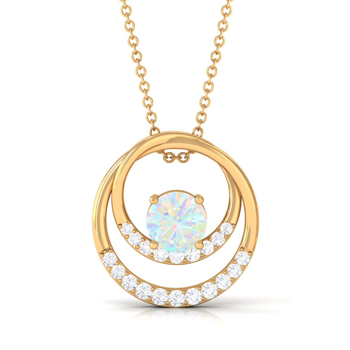 Natural Ethiopian Opal Double Circle Pendant Necklace with Diamond