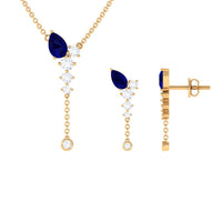 Real Blue Sapphire Diamond Y Necklace and Earrings Set