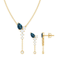 Minimal Dangle Necklace Earrings Set with London Blue Topaz and Diamond