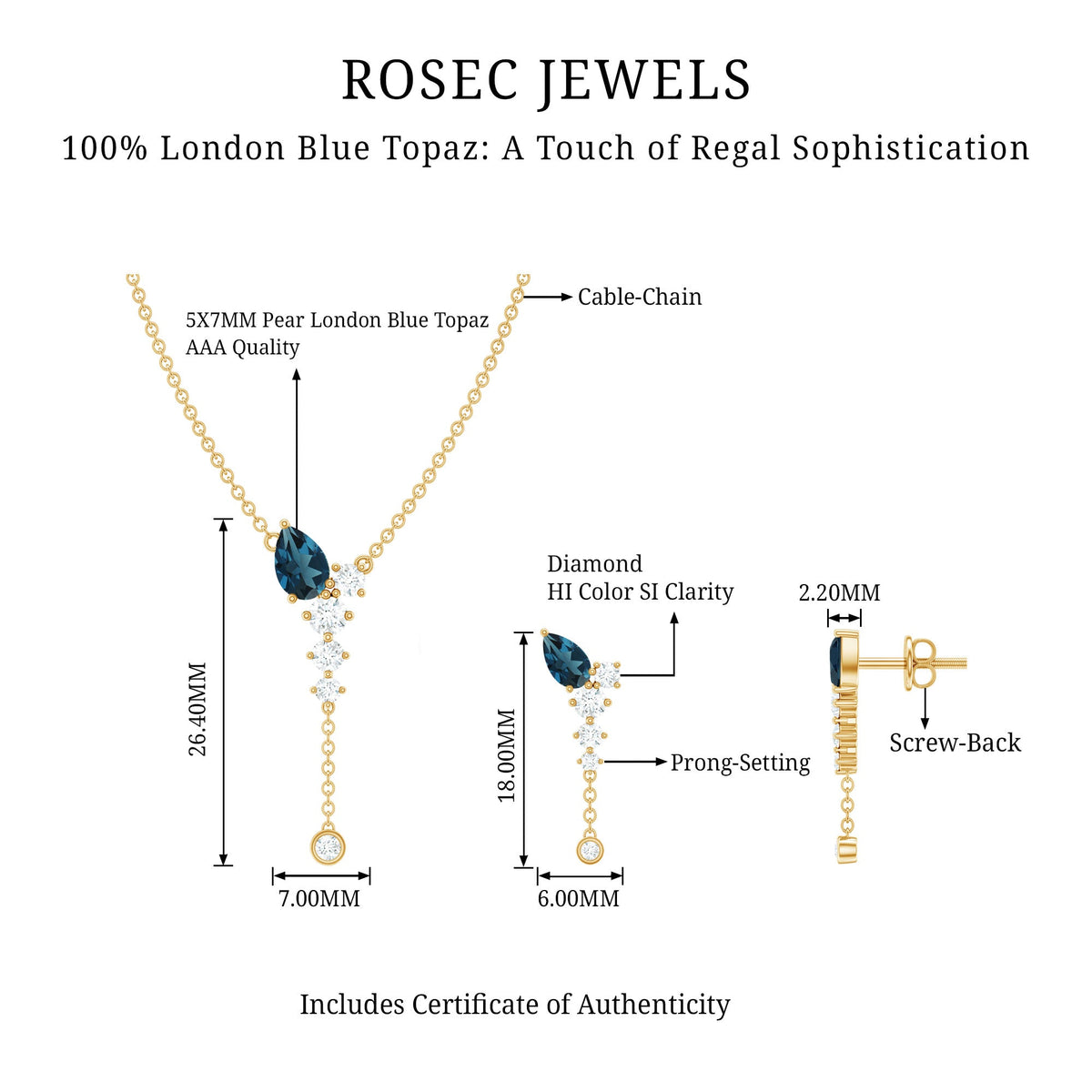 Minimal Dangle Necklace Earrings Set with London Blue Topaz and Diamond