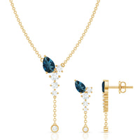 Minimal Dangle Necklace Earrings Set with London Blue Topaz and Diamond