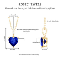 2 Carat Heart Shape Lab Created Blue Sapphire Solitaire Pendant with Diamond