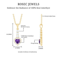 Natural Amethyst Heart Pendant Necklace with Diamond Halo