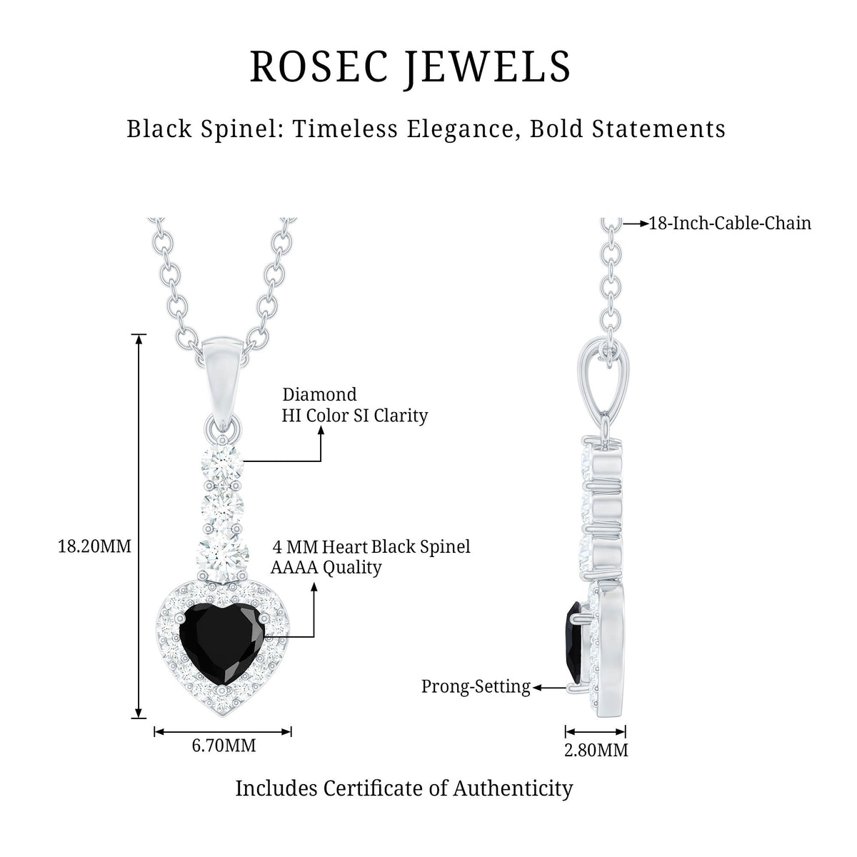 Natural Black Spinel Heart Pendant Necklace with Diamond Halo
