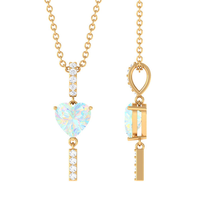 Heart-shaped Ethiopian opal drop pendant necklace with diamond accents by Rosec Jewels, featuring a vibrant, polished gemstone and delicate chain.