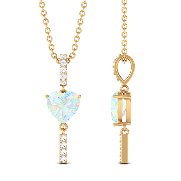 Heart-shaped Ethiopian opal drop pendant necklace with diamond accent, featuring a Rosec Jewels pendant on a delicate chain.