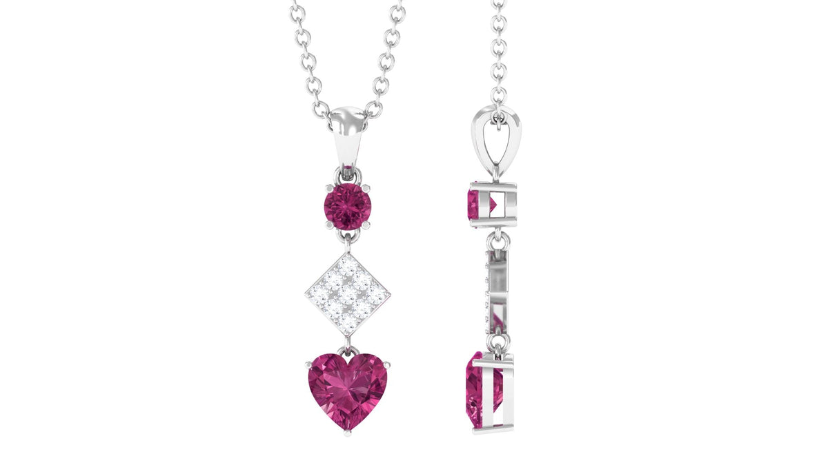 Round and Heart Shape Pink Tourmaline Dangle Pendant with Diamond
