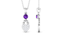 Natural Amethyst Diamond Heart Drop Pendant Necklace with Chain
