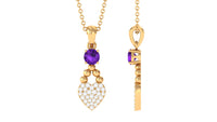 Natural Amethyst Diamond Heart Drop Pendant Necklace with Chain