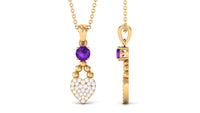 Natural Amethyst Diamond Heart Drop Pendant Necklace with Chain