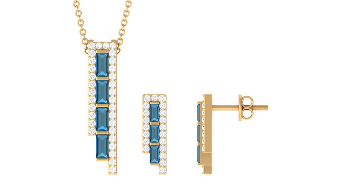 Rosec Jewels London Blue Topaz and diamond bar jewelry set featuring a sleek, elegant design with sparkling blue topaz and diamonds.