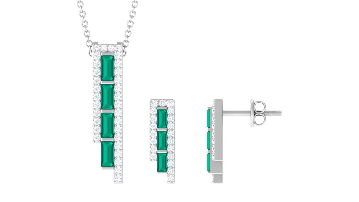 1.75 CT Baguette Cut Emerald Designer Bar Jewelry Set with Diamond