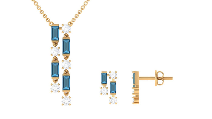 London Blue Topaz dangle jewelry set with diamonds by Rosec Jewels featuring earrings and a matching necklace.