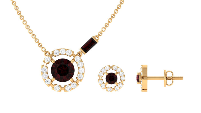 Natural garnet and diamond halo jewelry set featuring a necklace and earrings from Rosec Jewels.