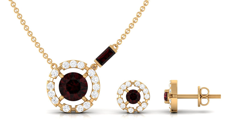 Natural garnet and diamond halo jewelry set featuring a necklace and earrings from Rosec Jewels.